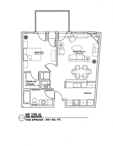 Floor plan for 1 bed, 1 bath, 787 sqft